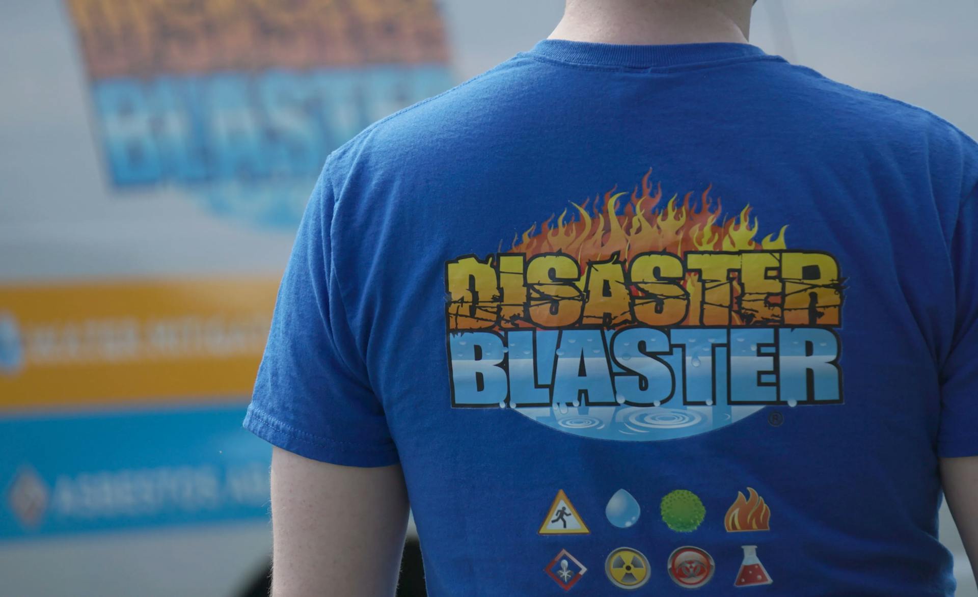 disaster blaster logo on t-shirt
