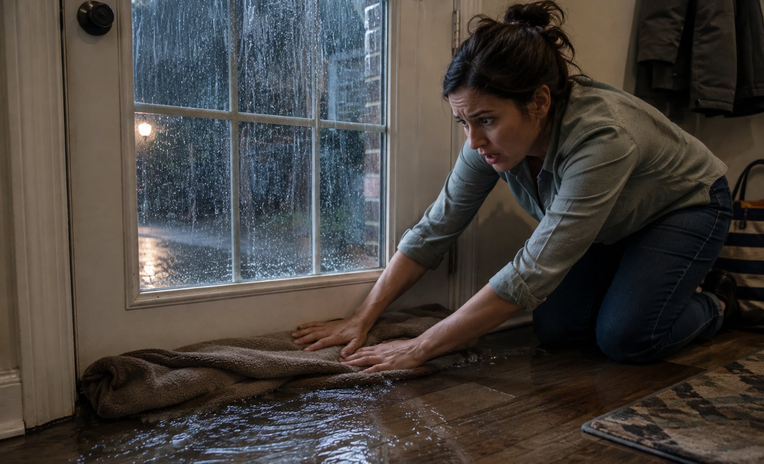 homeowner stopping water from getting in their house, water damage, rain, storm, rain storm, insurance, insurance claim, Disaster Blaster, home, house